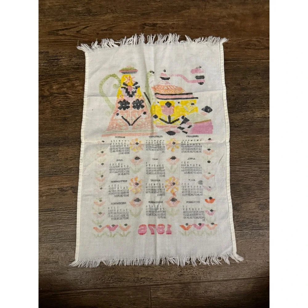 Vintage 1976 Calendar Kitchen Tea Pot Towel‎ Tapestry Wall Hanging